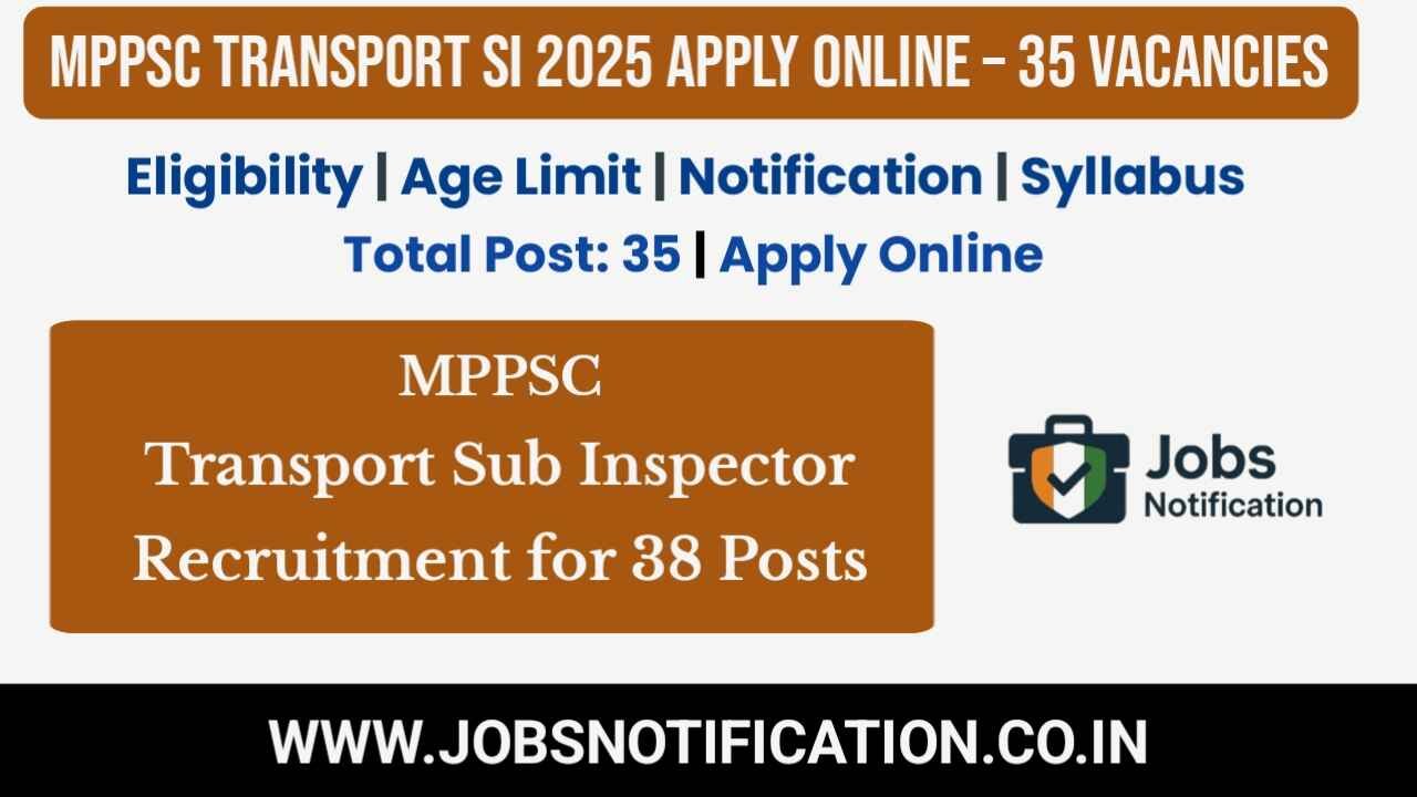 MPPSC Transport SI Recruitment 2025 banner with 35 vacancies, eligibility, age limit, syllabus, and apply online details
