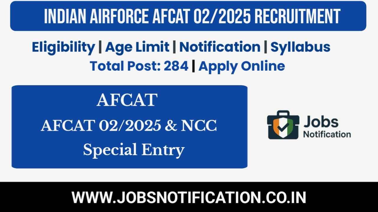 Indian Airforce AFCAT 02/2025 recruitment banner with 284 vacancies, NCC Special Entry, eligibility, syllabus, and apply online information