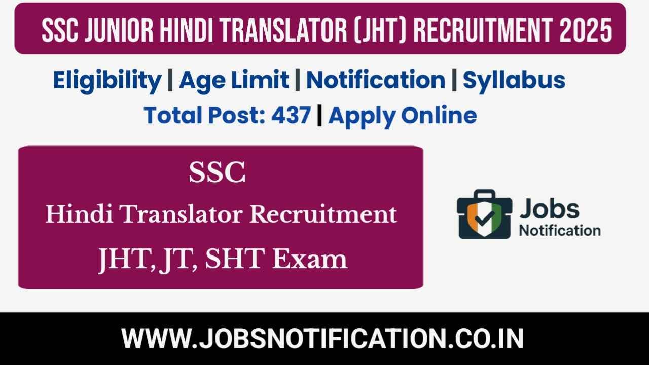 SSC JHT Recruitment 2025 banner showing Hindi Translator, JHT, JT, and SHT exam details with eligibility, age limit, syllabus, and 437 vacancies