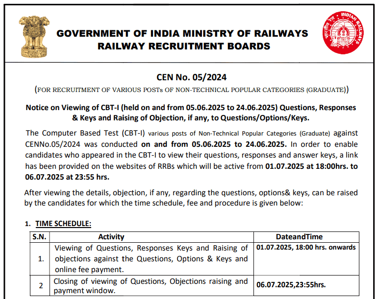 Railway RRB NTPC Graduate Level CBT 1 2025 Answer Key Notice – Objection Dates and Instructions