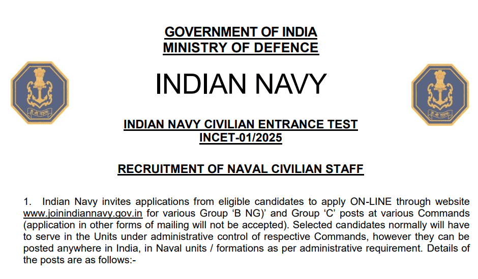 Apply Online for Indian Navy Civilian INCET 2025 – 1104 Group C Posts