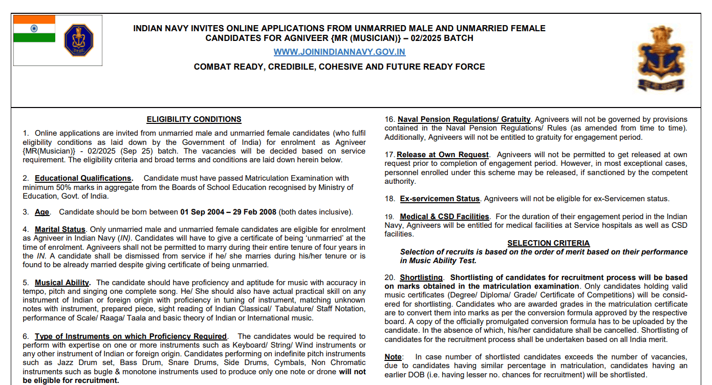 Apply Online for Indian Navy MR Musician 2025 – 10th Pass Agniveer Jobs