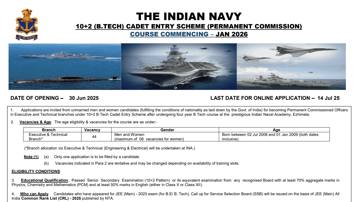 Apply Online for Indian Navy 10+2 B.Tech Entry Scheme 2026 – 44 Vacancies for Executive & Technical Branch