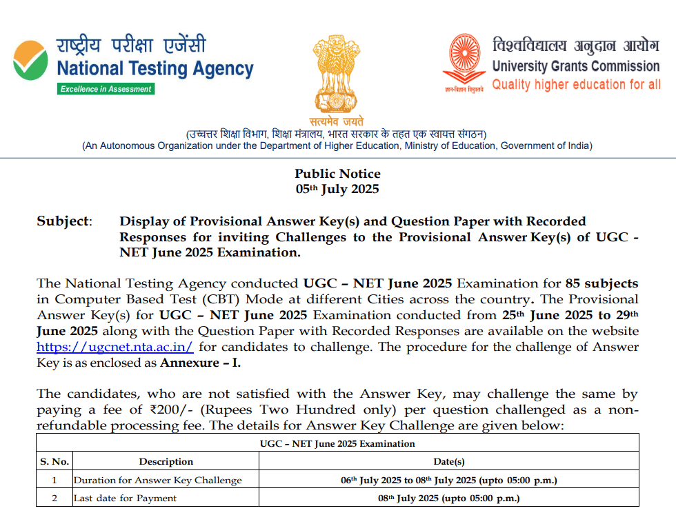 Download UGC NET June 2025 Answer Key PDF released by NTA at ugcnet.nta.ac.in