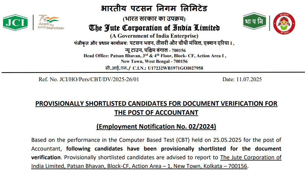 Jute Corporation of India JCI Result 2025 Declared – Download Merit List PDF