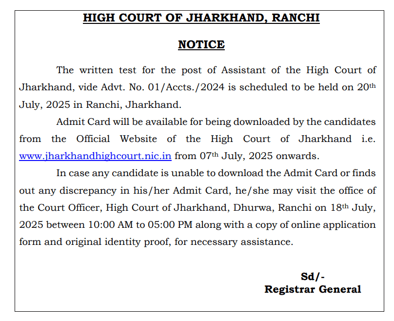 Download Jharkhand High Court Assistant Admit Card 2025 with exam date, center details, and instructions