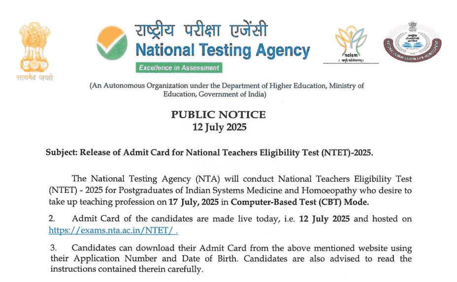 NTET 2025 admit card login page with download option visible
