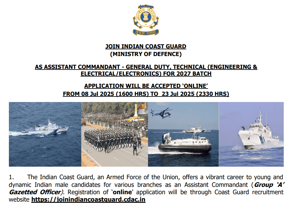 Indian Coast Guard Assistant Commandant 2025 Online Form Notification