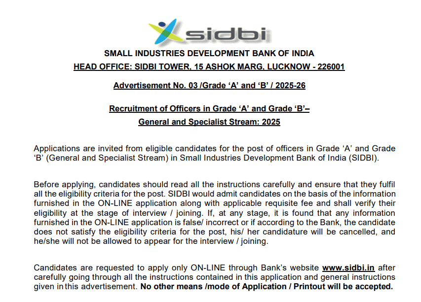 Apply Online for SIDBI Grade A & B Officer 76 Vacancies 2025