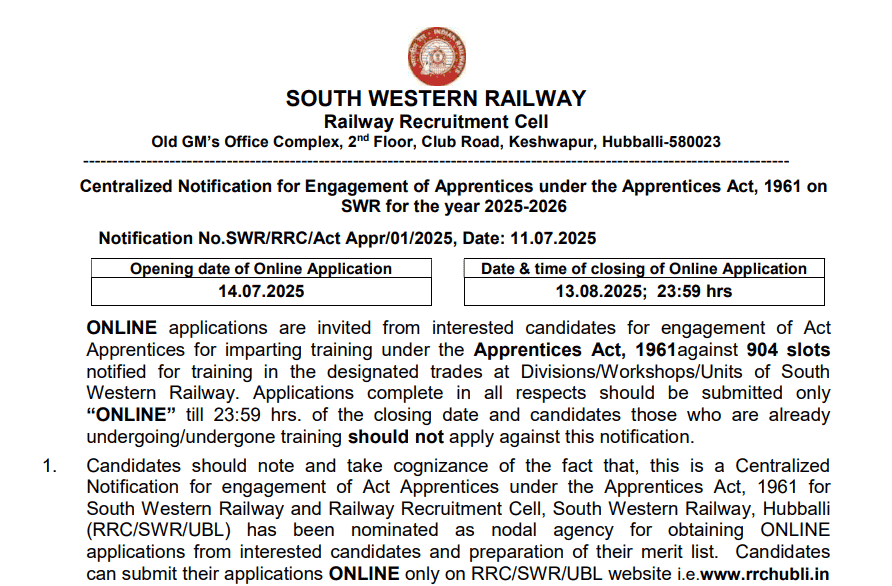 SWR Apprenticeship 2025 Notification – Apply Online for 904 Trade Apprentice Posts