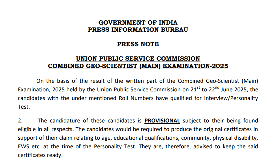 UPSC Geo Scientist Mains Result 2025 declared, download scorecard and cutoff marks PDF