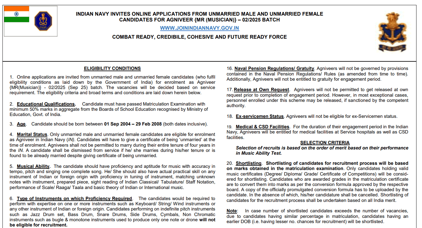 Download Indian Navy MR Musician 02/2025 Admit Card and check exam details for 13 posts