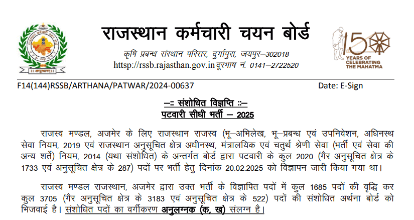 Rajasthan RSSB Patwari Recruitment 2025 Notification for 3705 Posts – Apply Online