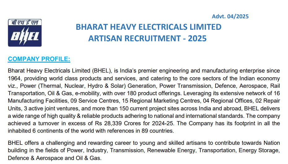 BHEL Artisan Recruitment 2025 apply online for 515 vacancies notification
