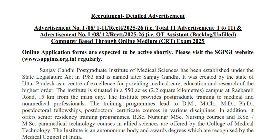 SGPGI Lucknow Recruitment 2025 Apply Online for 1479 Nursing Officer and Various Posts