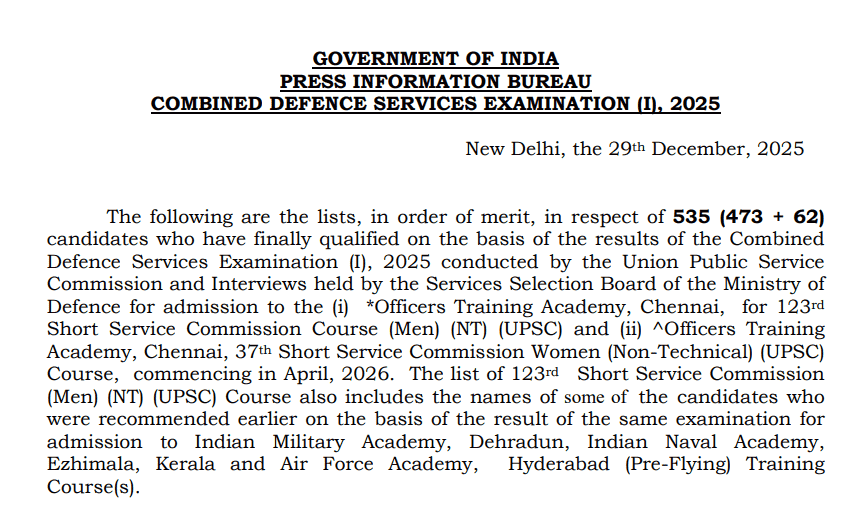 UPSC CDS 2025 final result with marks 2026 merit list PDF download