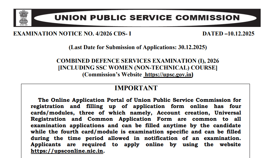 UPSC CDS I Exam Schedule 2026 released for 451 posts, check exam dates and download syllabus PDF